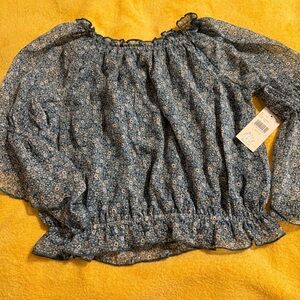 Beautees Navy Floral Ruffle Blouse